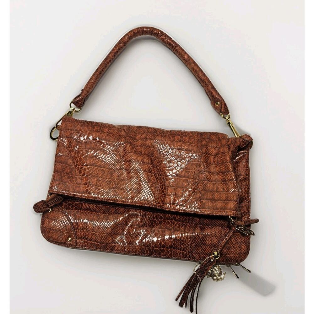 Vtg JM East West Foldover Bag Purse Brown Snakeskin Embossed Tassel Charm Glam